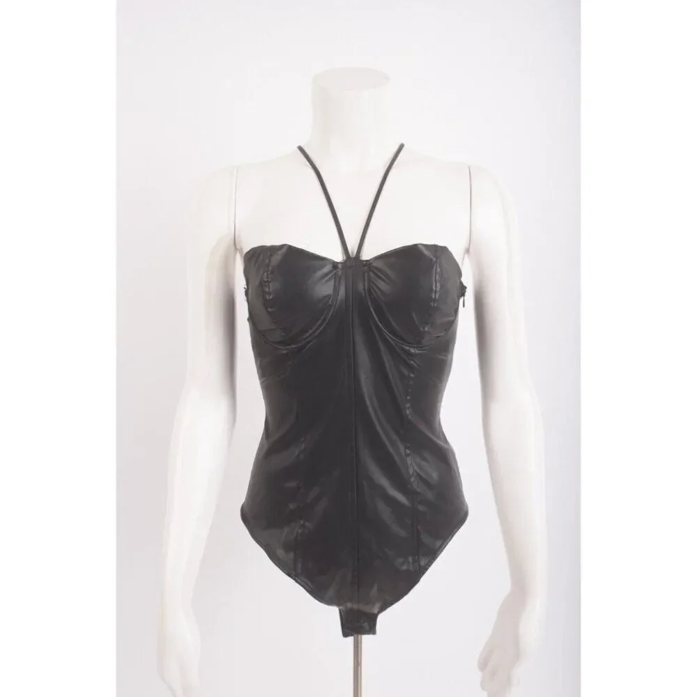 Zara Womens Faux Leather Body Suit One piece S Black 2157/311 NWT